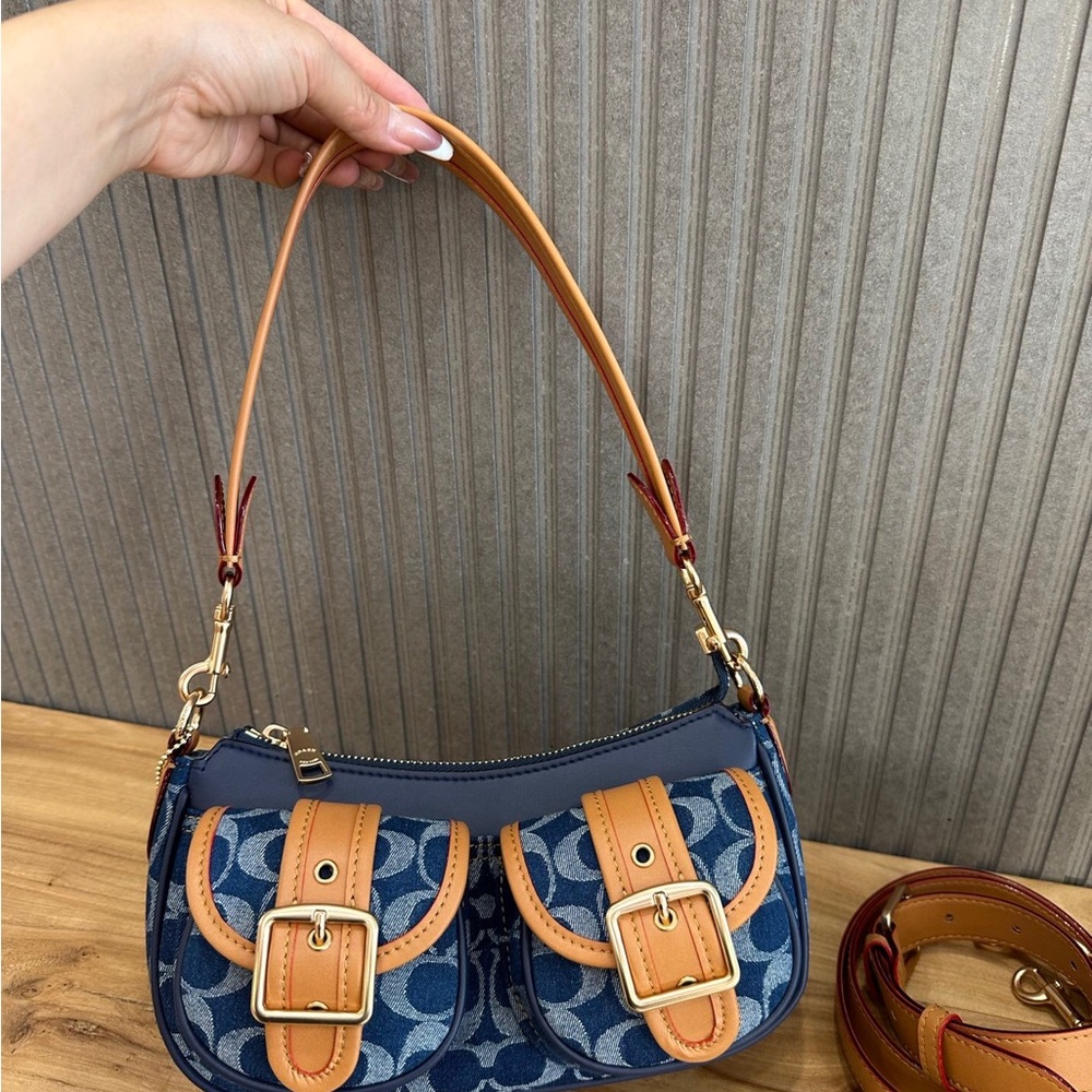 Coach Blue Signature Denim Shoulder Bag with Tan Leather Trim